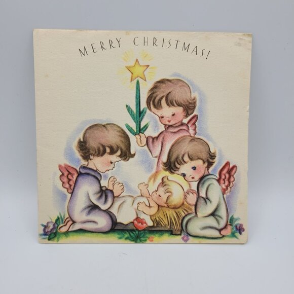 Vintage Merry Christmas Card With Angels & Baby Jesus Illustration - Picture 1 of 5